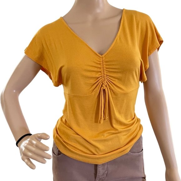 Womens Top T Shirt Golden Yellow Casual Flutter Short Sleeve sz S - Picture 1 of 13